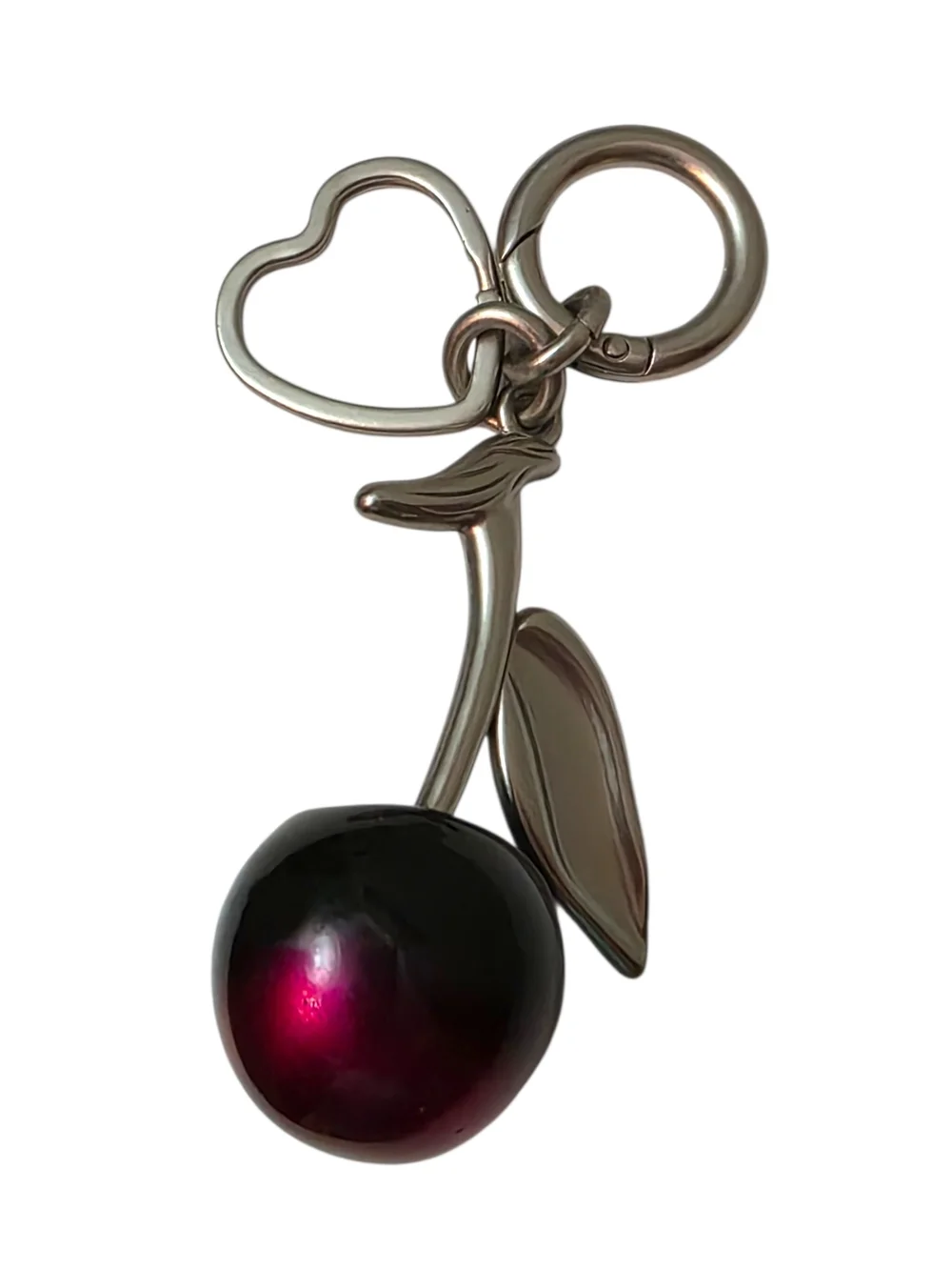 Cherry Keychain Charm in Metallic Silver and Deep Berry